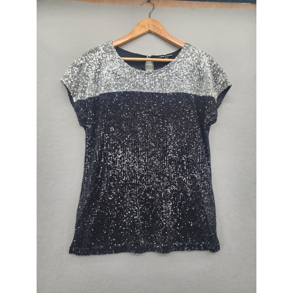 Cable & Gauge Sequin Top Silver Black Colorblock Blouse Short Sleeve Medium M
